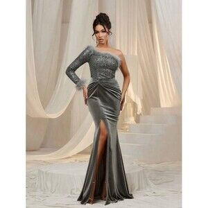 Faeriesty Faux Velvet Feather One Shoulder Split Thigh Formal Dress Gown Size M